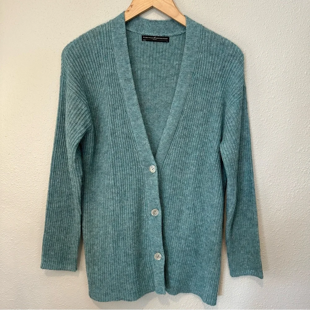 Peruvian Connection Ribbed Boyfriend Cardian in Teal - Picture 2 of 9